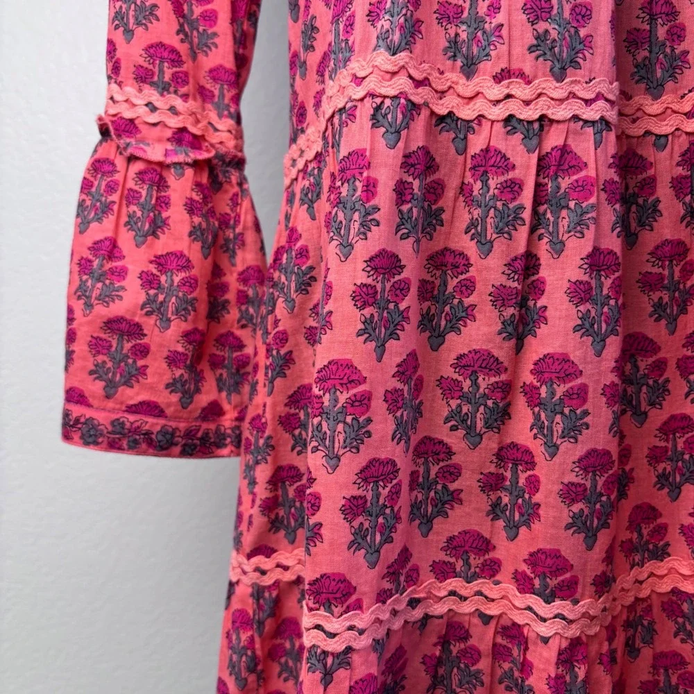 Lola Australia Morocco Mini Strawberry Dress, XXS, Pink Floral Bell Sleeve Boho